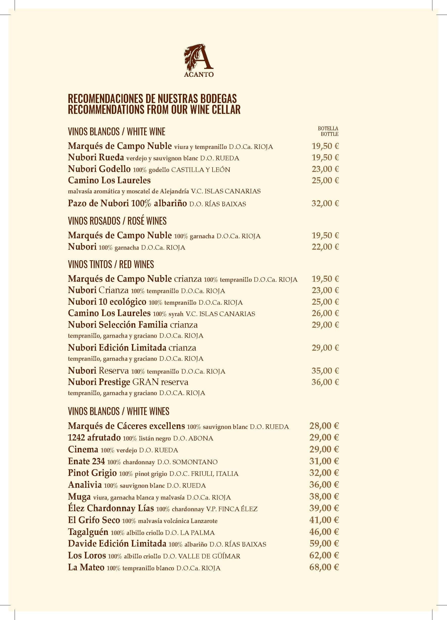 CARTA DE VINOS ACANTO
