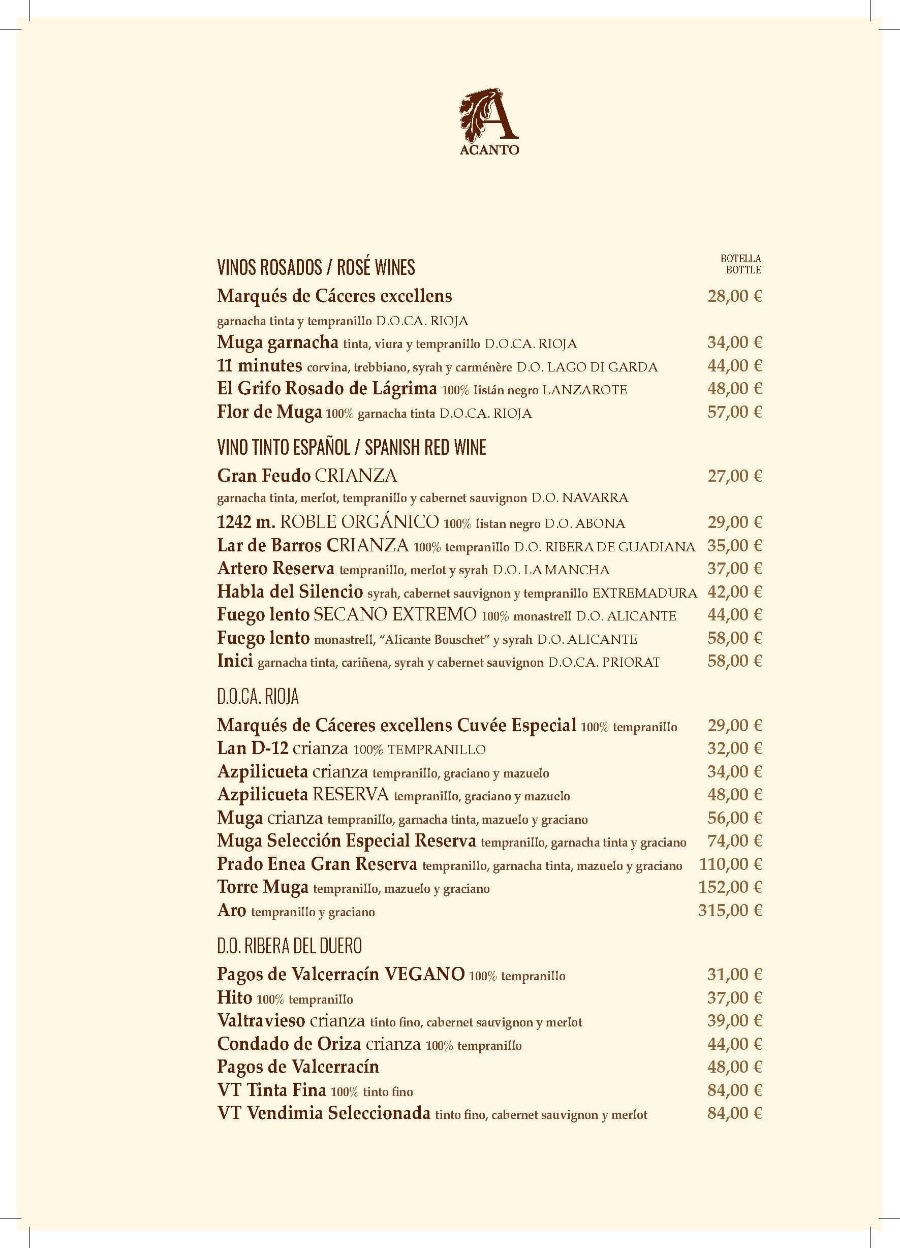 CARTA DE VINOS ACANTO