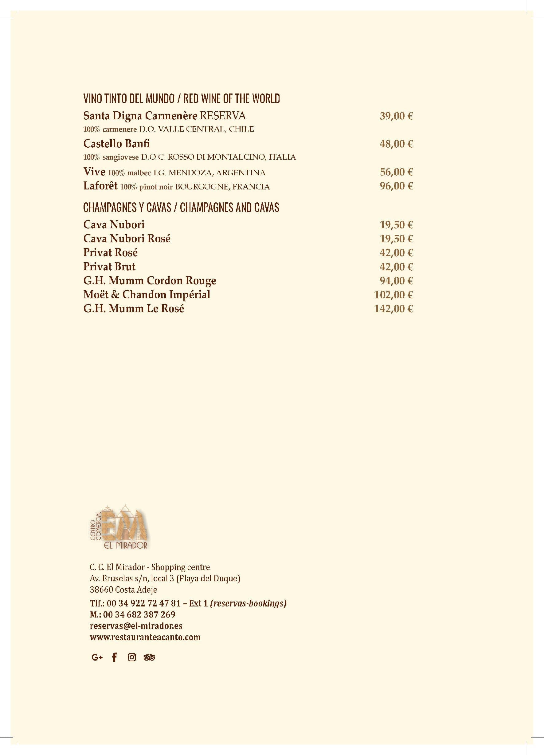 CARTA DE VINOS ACANTO